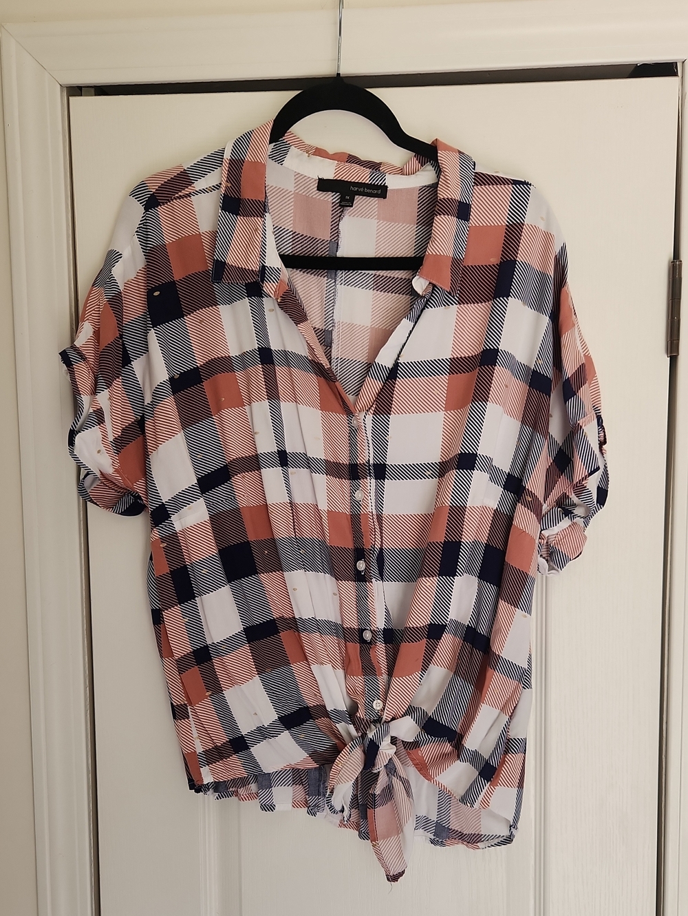 1X Harve Bernard white pink & navy blue plaid blouse, gold polkadots, bow waist